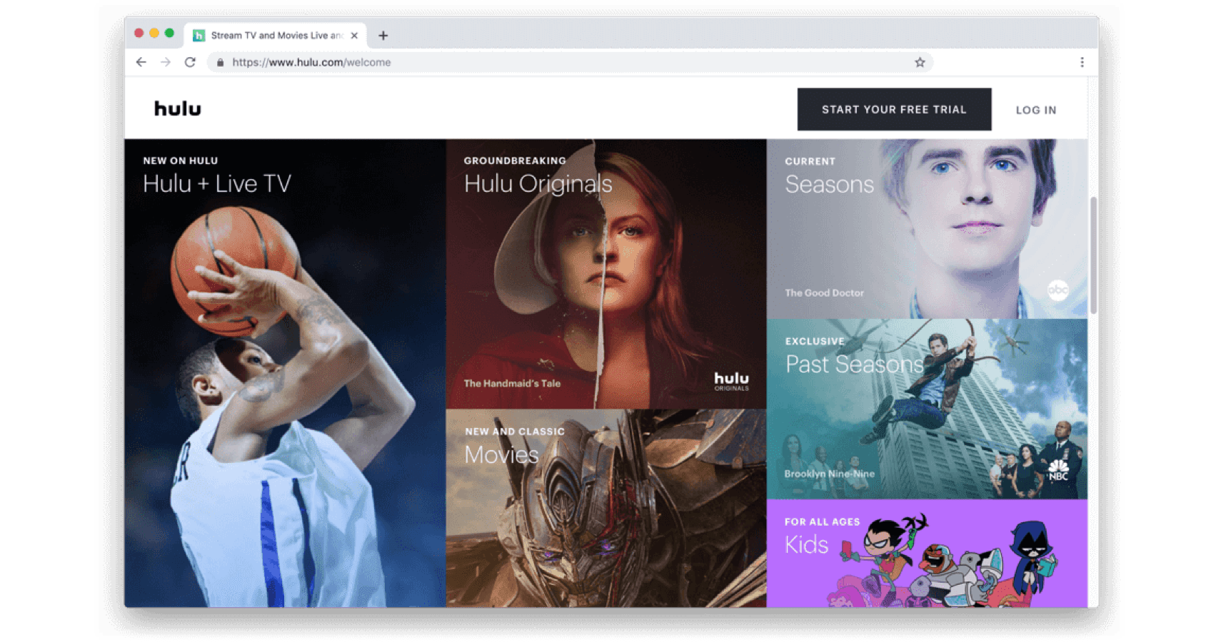 Hulu-sivuston aloitusn&auml;ytt&ouml;.