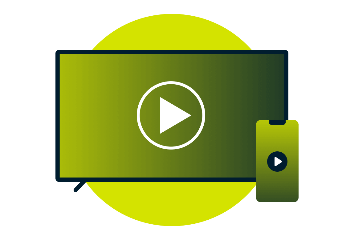 Tela de TV e dispositivo m&oacute;vel com &iacute;cones de reprodu&ccedil;&atilde;o.