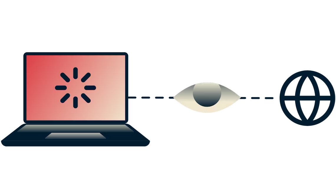 Un ordinateur portable connect&eacute; &agrave; Internet avec un &oelig;il surveillant  la connexion.